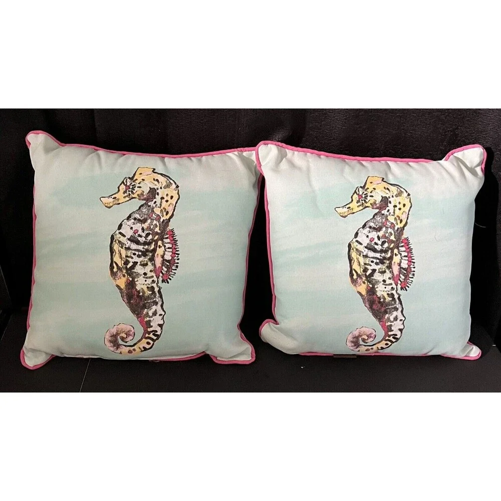 Allen + Roth Porch Pool Deck Seahorse Pair Throw Pillows Aqua 16